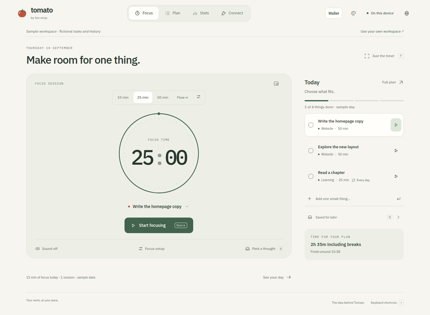 Nowy ekran Tomato: timer i trzy zadania na dziś
